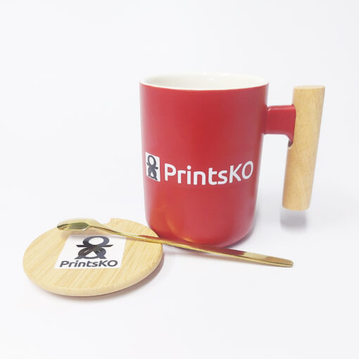 Wooden Handle Ceramic Mug with Lid